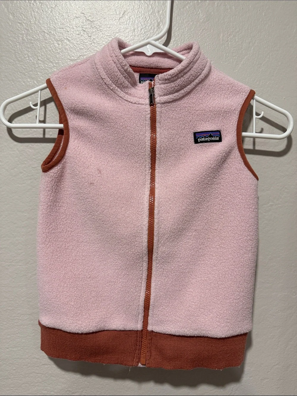 Patagonia Pink Fleece Vest with Rust Trim